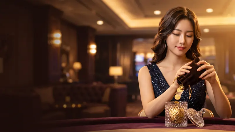 네온 라운지 배경에서 크리스털 병에 금화를 담는 여성 – 볼트카지노 지인 콤프 이벤트