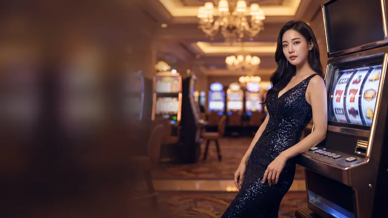 네온 라운지 배경에서 슬롯머신에 기댄 여성 – 볼트카지노 슬롯 잭팟·프리스핀