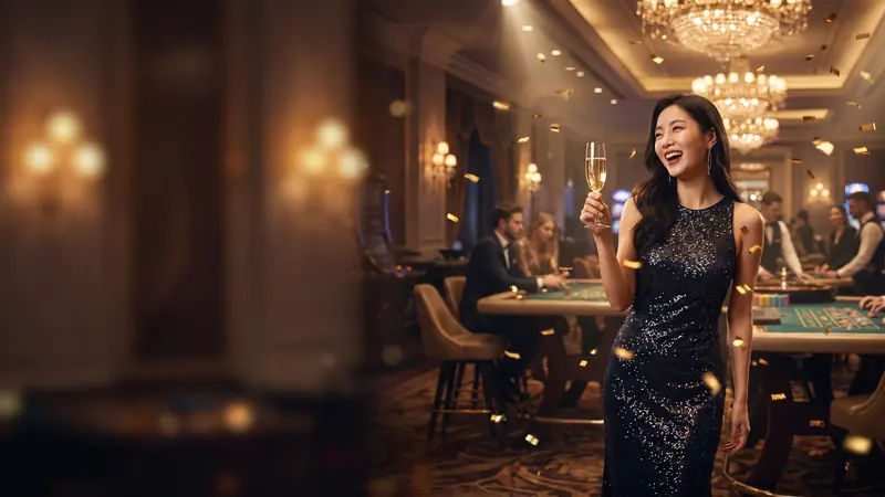 네온 라운지 배경에서 샴페인 잔을 든 여성 – 볼트카지노 주말 기프티콘